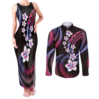 Hawaii Plumeria Couples Matching Tank Maxi Dress and Long Sleeve Button Shirt Sweet Gradient Polynesian Pattern