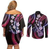 Hawaiian Ukulele Couples Matching Off Shoulder Short Dress and Long Sleeve Button Shirt Sweet Dream Fantastic Plumeria