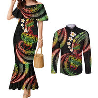 Hawaii Turtles Plumeria Couples Matching Mermaid Dress and Long Sleeve Button Shirt Reggae Polynesian Pattern