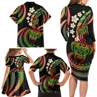 Hawaii Turtles Plumeria Family Matching Long Sleeve Bodycon Dress and Hawaiian Shirt Reggae Polynesian Pattern