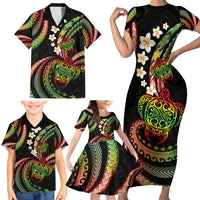 Hawaii Turtles Plumeria Family Matching Short Sleeve Bodycon Dress and Hawaiian Shirt Reggae Polynesian Pattern
