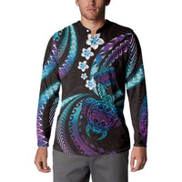 Hawaii Turtles Plumeria Button Sweatshirt Amethyst Gradient Polynesian Pattern