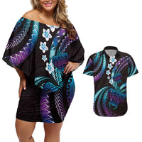 Hawaii Turtles Plumeria Couples Matching Off Shoulder Short Dress and Hawaiian Shirt Amethyst Gradient Polynesian Pattern