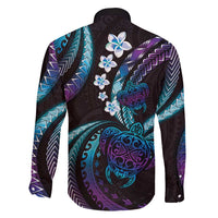 Hawaii Turtles Plumeria Family Matching Off Shoulder Maxi Dress and Hawaiian Shirt Amethyst Gradient Polynesian Pattern