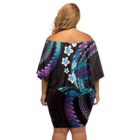 Hawaii Turtles Plumeria Off Shoulder Short Dress Amethyst Gradient Polynesian Pattern