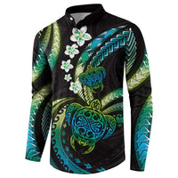 Hawaii Turtles Plumeria Button Sweatshirt Chartreuse Cyan Polynesian Pattern
