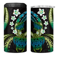 Hawaii Turtles Plumeria 4 in 1 Can Cooler Tumbler Chartreuse Cyan Polynesian Pattern