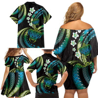 Hawaii Turtles Plumeria Family Matching Off Shoulder Short Dress and Hawaiian Shirt Chartreuse Cyan Polynesian Pattern