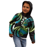 Hawaii Turtles Plumeria Kid Hoodie Chartreuse Cyan Polynesian Pattern
