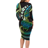 Hawaii Turtles Plumeria Long Sleeve Bodycon Dress Chartreuse Cyan Polynesian Pattern