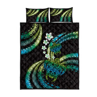Hawaii Turtles Plumeria Quilt Bed Set Chartreuse Cyan Polynesian Pattern