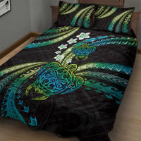 Hawaii Turtles Plumeria Quilt Bed Set Chartreuse Cyan Polynesian Pattern