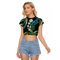 Hawaii Turtles Plumeria Raglan Cropped T Shirt Chartreuse Cyan Polynesian Pattern