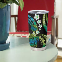 Hawaii Turtles Plumeria Tumbler Cup Chartreuse Cyan Polynesian Pattern