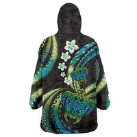 Hawaii Turtles Plumeria Wearable Blanket Hoodie Chartreuse Cyan Polynesian Pattern