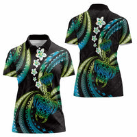 Hawaii Turtles Plumeria Women Polo Shirt Chartreuse Cyan Polynesian Pattern