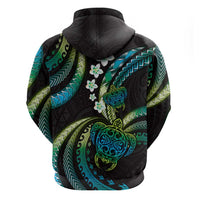 Hawaii Turtles Plumeria Zip Hoodie Chartreuse Cyan Polynesian Pattern
