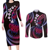 Hawaii Turtles Plumeria Couples Matching Long Sleeve Bodycon Dress and Long Sleeve Button Shirt Sweet Gradient Polynesian Pattern