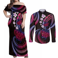 Hawaii Turtles Plumeria Couples Matching Off Shoulder Maxi Dress and Long Sleeve Button Shirt Sweet Gradient Polynesian Pattern