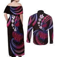 Hawaii Turtles Plumeria Couples Matching Off Shoulder Maxi Dress and Long Sleeve Button Shirt Sweet Gradient Polynesian Pattern