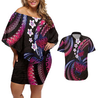 Hawaii Turtles Plumeria Couples Matching Off Shoulder Short Dress and Hawaiian Shirt Sweet Gradient Polynesian Pattern