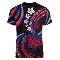 Hawaii Turtles Plumeria Women V-Neck T-Shirt Sweet Gradient Polynesian Pattern