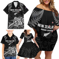 Custom New Zealand 2024 Rugby Family Matching Off Shoulder Short Dress and Hawaiian Shirt Silver Fern Aotearoa Kiwi