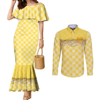 Hawaii Palaka Pikake Lokelani Plumeria Couples Matching Mermaid Dress and Long Sleeve Button Shirt Melemele Coquette Bow LT01 Yellow - Polynesian Pride
