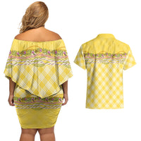 Hawaii Palaka Pikake Lokelani Plumeria Couples Matching Off Shoulder Short Dress and Hawaiian Shirt Melemele Coquette Bow LT01 - Polynesian Pride