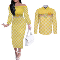 Hawaii Palaka Pikake Lokelani Plumeria Couples Matching Off The Shoulder Long Sleeve Dress and Long Sleeve Button Shirt Melemele Coquette Bow LT01 Yellow - Polynesian Pride