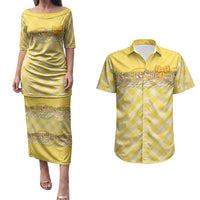 Hawaii Palaka Pikake Lokelani Plumeria Couples Matching Puletasi and Hawaiian Shirt Melemele Coquette Bow LT01 Yellow - Polynesian Pride