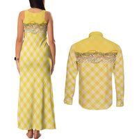 Hawaii Palaka Pikake Lokelani Plumeria Couples Matching Tank Maxi Dress and Long Sleeve Button Shirt Melemele Coquette Bow LT01 - Polynesian Pride