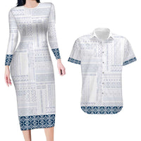Samoa Siapo Blue Trimmed Couples Matching Long Sleeve Bodycon Dress and Hawaiian Shirt Samoa White Sunday - Polynesian Pride