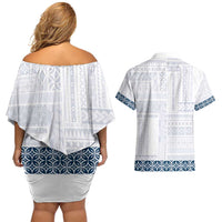 Samoa Siapo Blue Trimmed Couples Matching Off Shoulder Short Dress and Hawaiian Shirt Samoa White Sunday - Polynesian Pride