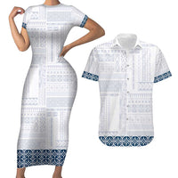 Samoa Siapo Blue Trimmed Couples Matching Short Sleeve Bodycon Dress and Hawaiian Shirt Samoa White Sunday - Polynesian Pride