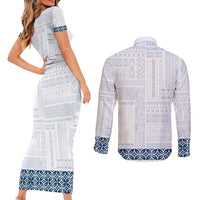 Samoa Siapo Blue Trimmed Couples Matching Short Sleeve Bodycon Dress and Long Sleeve Button Shirt Samoa White Sunday - Polynesian Pride