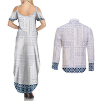 Samoa Siapo Blue Trimmed Couples Matching Summer Maxi Dress and Long Sleeve Button Shirt Samoa White Sunday - Polynesian Pride