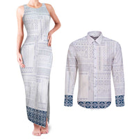 Samoa Siapo Blue Trimmed Couples Matching Tank Maxi Dress and Long Sleeve Button Shirt Samoa White Sunday - Polynesian Pride