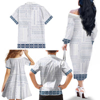 Samoa Siapo Blue Trimmed Family Matching Off The Shoulder Long Sleeve Dress and Hawaiian Shirt Samoa White Sunday - Polynesian Pride