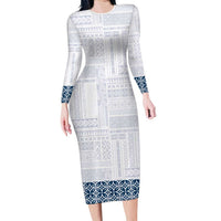 Samoa Siapo Blue Trimmed Long Sleeve Bodycon Dress Samoa White Sunday - Polynesian Pride
