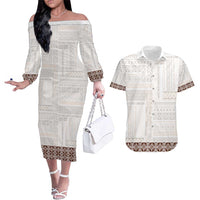 Samoa Siapo Brown Trimmed Couples Matching Off The Shoulder Long Sleeve Dress and Hawaiian Shirt Samoa White Sunday - Polynesian Pride