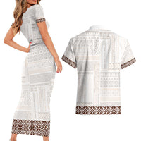 Samoa Siapo Brown Trimmed Couples Matching Short Sleeve Bodycon Dress and Hawaiian Shirt Samoa White Sunday - Polynesian Pride