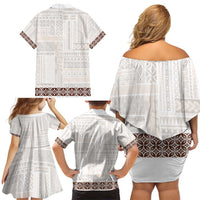 Samoa Siapo Brown Trimmed Family Matching Off Shoulder Short Dress and Hawaiian Shirt Samoa White Sunday - Polynesian Pride
