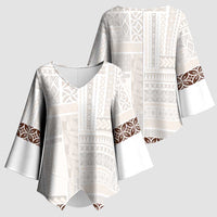 Samoa Siapo Brown Trimmed Kimono Sleeve Blouse Samoa White Sunday - Polynesian Pride