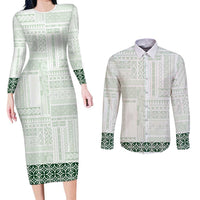 Samoa Siapo Green Trimmed Couples Matching Long Sleeve Bodycon Dress and Long Sleeve Button Shirt Samoa White Sunday - Polynesian Pride