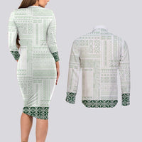 Samoa Siapo Green Trimmed Couples Matching Long Sleeve Bodycon Dress and Long Sleeve Button Shirt Samoa White Sunday - Polynesian Pride
