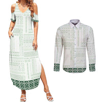 Samoa Siapo Green Trimmed Couples Matching Summer Maxi Dress and Long Sleeve Button Shirt Samoa White Sunday - Polynesian Pride