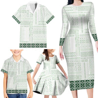 Samoa Siapo Green Trimmed Family Matching Long Sleeve Bodycon Dress and Hawaiian Shirt Samoa White Sunday - Polynesian Pride