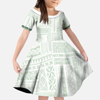 Samoa Siapo Green Trimmed Family Matching Off The Shoulder Long Sleeve Dress and Hawaiian Shirt Samoa White Sunday - Polynesian Pride