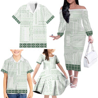 Samoa Siapo Green Trimmed Family Matching Off The Shoulder Long Sleeve Dress and Hawaiian Shirt Samoa White Sunday - Polynesian Pride
